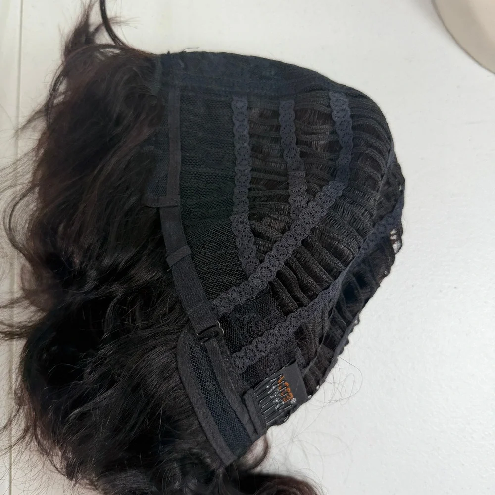 Model Model Human Hair Wig Wavy Bob Dark Brown Lace Front Adjustable Straps